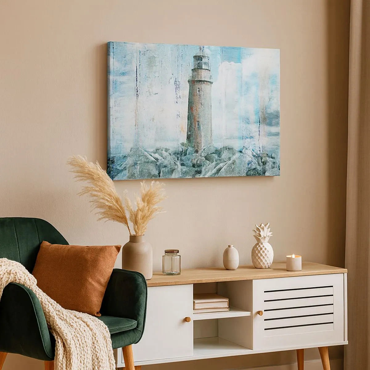 Impression sur toile - Image sur toile - Un phare sur une côte rocheuse aux couleurs pastel - 70x50cm - Sur du vieux bois - Décoration murale moderne pour le salon et la chambre ARTTOR
