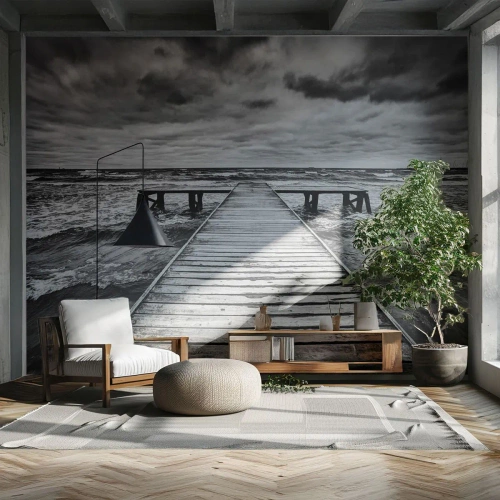 Papier Peint Photo Premium Canvas - Une vue en noir et blanc d'une jetée en bois sur une mer agitée. - 100x70cm - J'attends que le vent, ça le chassera... - Décoration murale moderne pour le salon et la chambre ARTTOR