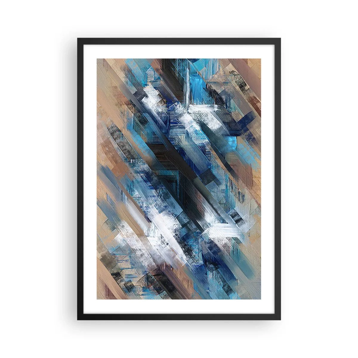 Affiche dans un cadre noir - Poster - Une composition abstraite avec des lignes diagonales dans des tons de bleu. - 50x70cm - Diagonale de bleus - Décoration murale moderne pour le salon et la chambre ARTTOR