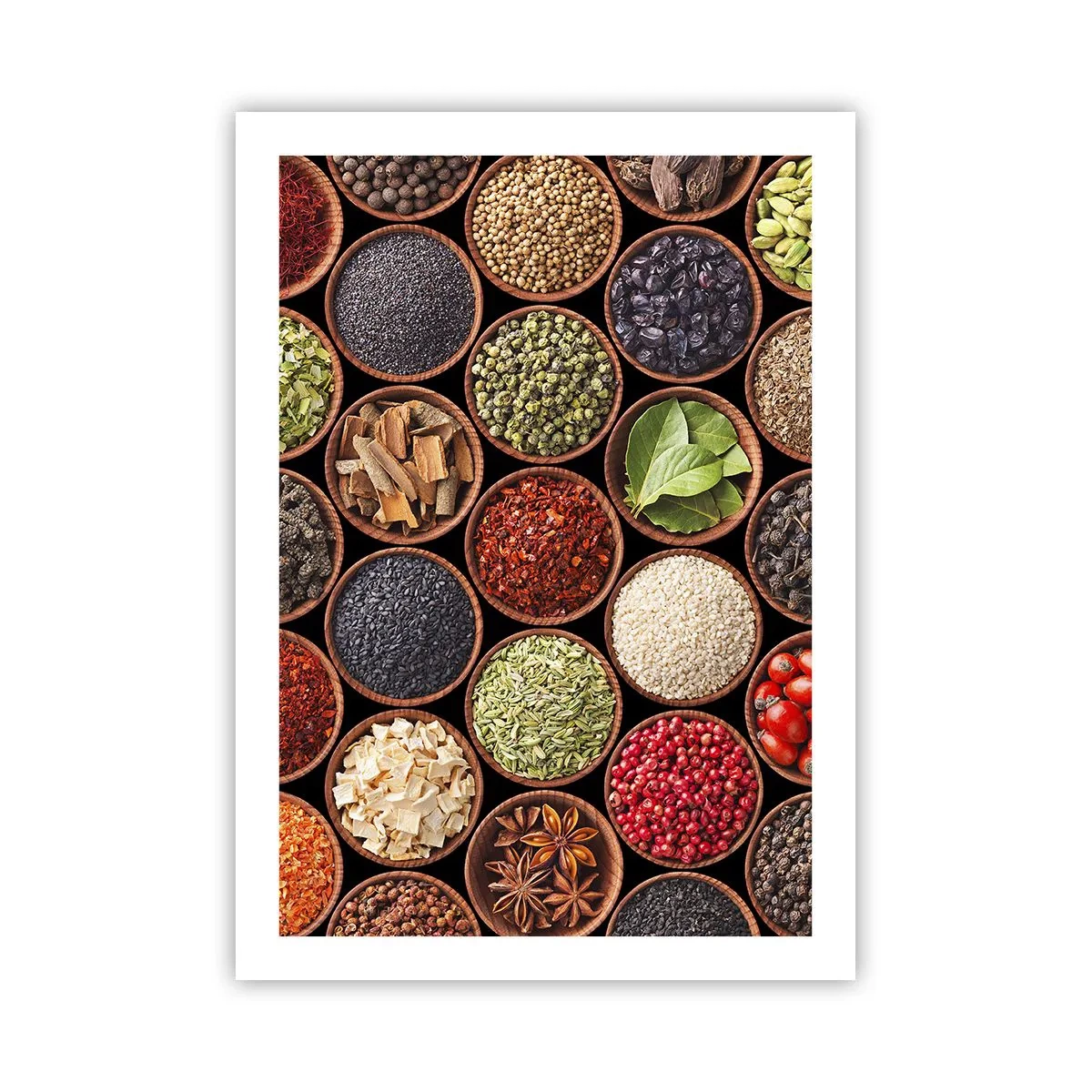 Affiche - Poster - Épices colorées dans de petits bols en bois - 50x70cm - Toutes les saveurs du monde - Décoration murale moderne pour le salon et la chambre ARTTOR