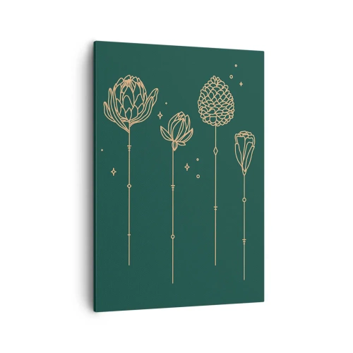 Impression sur toile - Image sur toile - Dessins dorés d'herbes sur fond vert foncé - 50x70cm - La famille Plante - Décoration murale moderne pour le salon et la chambre ARTTOR