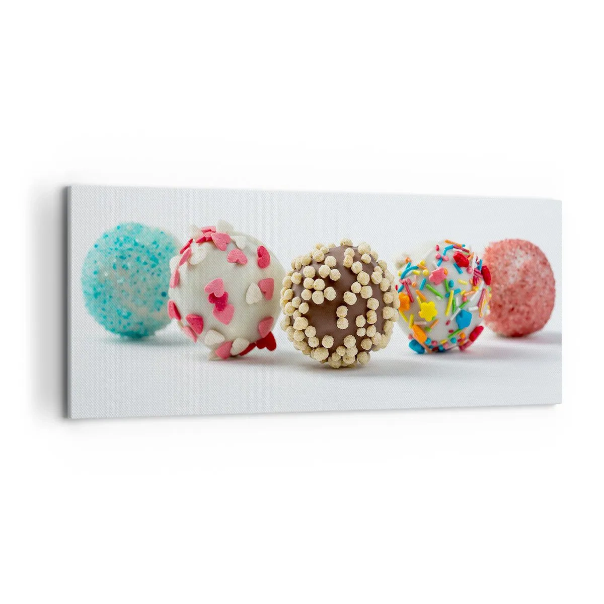 Impression sur toile - Image sur toile - Pralines colorées avec décorations sur fond blanc - 120x50cm - La vie peut être douce - Décoration murale moderne pour le salon et la chambre ARTTOR