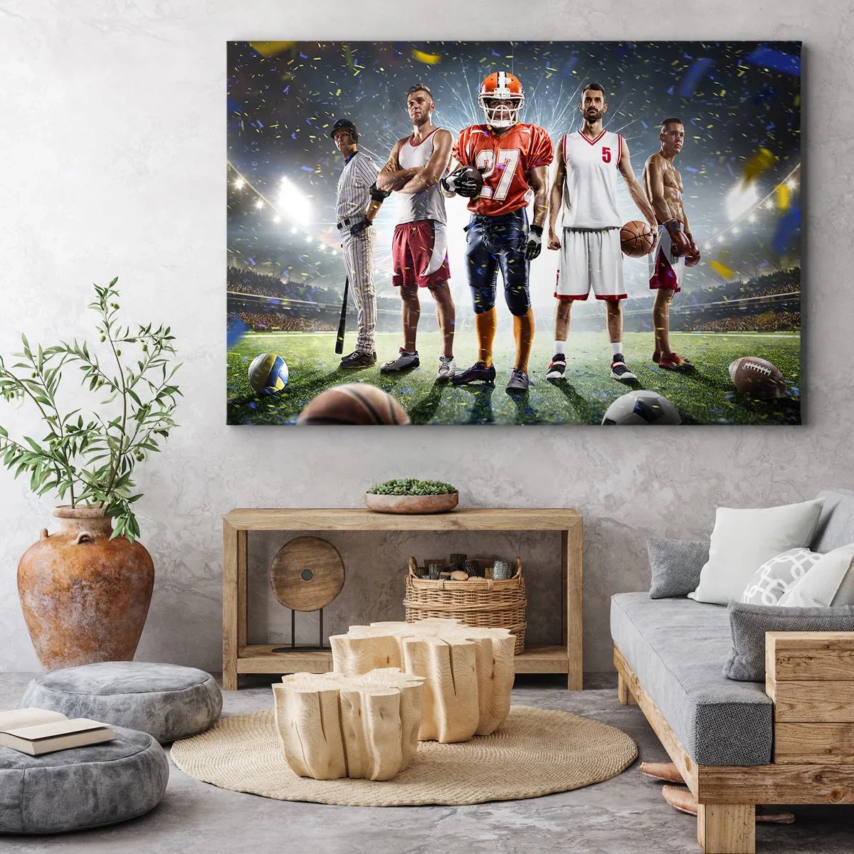 Impression sur toile - Image sur toile - Une scène dynamique d'athlètes de diverses disciplines dans le stade sous les projecteurs - 100x70cm - Gladiateurs des champs - Décoration murale moderne pour le salon et la chambre ARTTOR