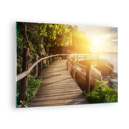 Impression sur verre - Image sur verre - Un chemin en bois parmi les arbres au bord de la mer à la lumière du coucher du soleil - 70x50cm - Un autre tour, un autre miracle - Décoration murale moderne pour le salon et la chambre ARTTOR