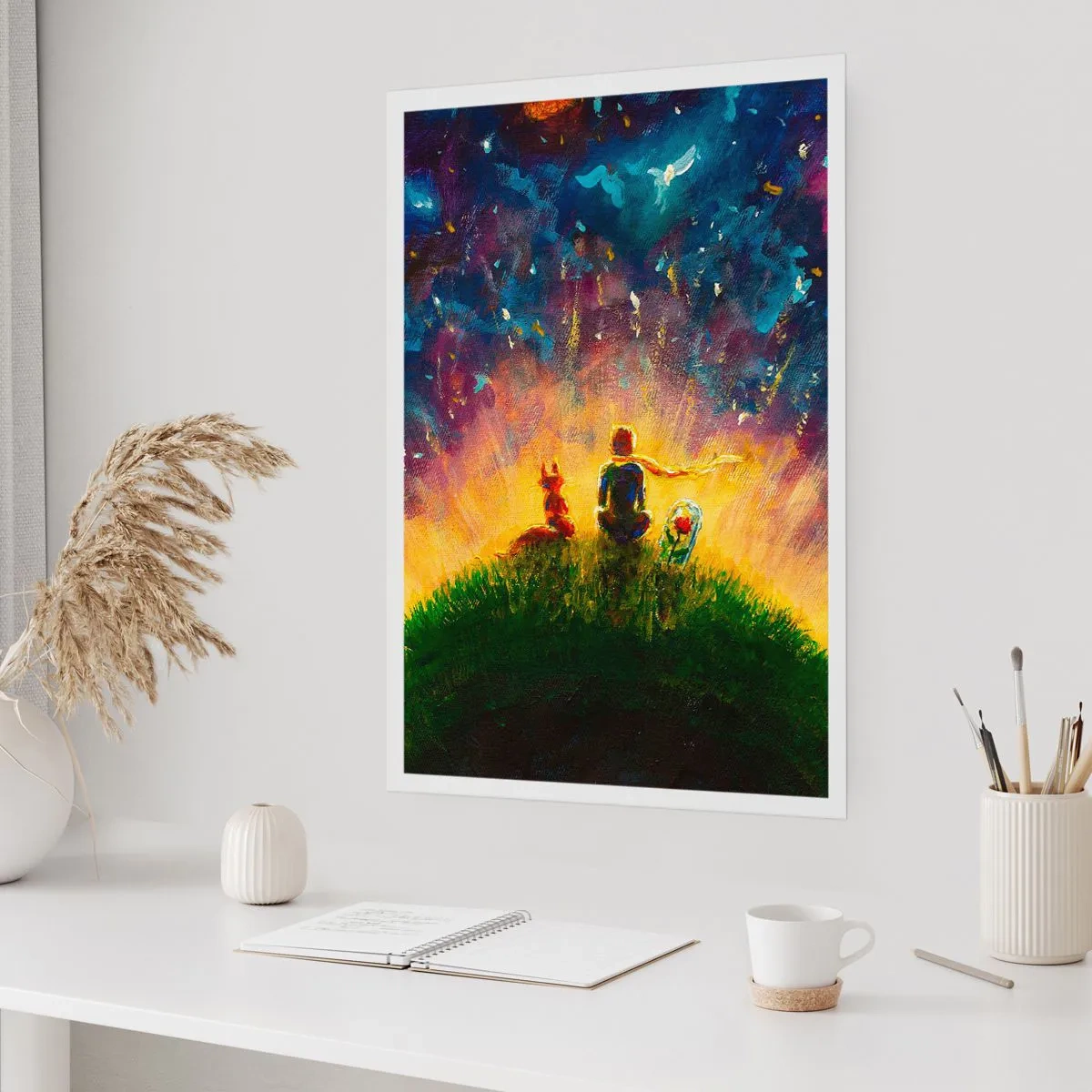Affiche - Poster - Personnages assis sur une colline sous un ciel étoilé - 50x70cm - Amour et amitié - le monde entier - Décoration murale moderne pour le salon et la chambre ARTTOR