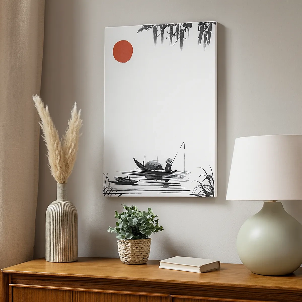 Impression sur toile - Image sur toile - Paysage oriental avec un pêcheur sur un bateau et un soleil rouge - 50x70cm - Après-midi asiatique - Décoration murale moderne pour le salon et la chambre ARTTOR