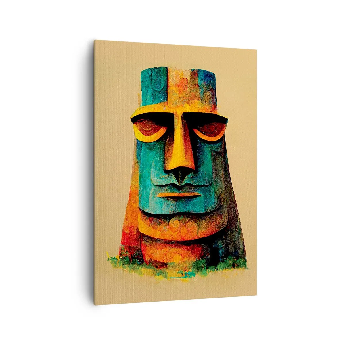 Impression sur toile - Image sur toile - Statue colorée de l'île de Pâques - 70x100cm - Statuesque et sympathique - Décoration murale moderne pour le salon et la chambre ARTTOR