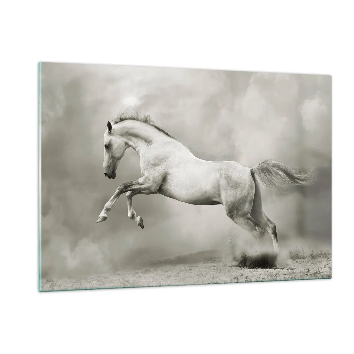 Impression sur verre - Image sur verre - Un cheval blanc sautant contre les nuages - 120x80cm - Entre le réveil et le sommeil - Décoration murale moderne pour le salon et la chambre ARTTOR