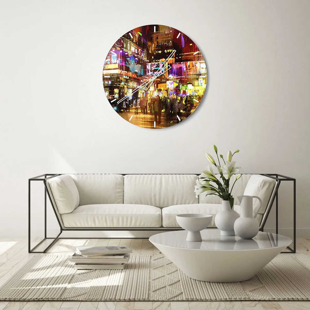 Horloge murale - Pendule murale - Paysage urbain nocturne rempli de néons - 30x30cm - Dans une mer de lumière - Décoration murale moderne pour le salon, la cuisine et la chambre ARTTOR