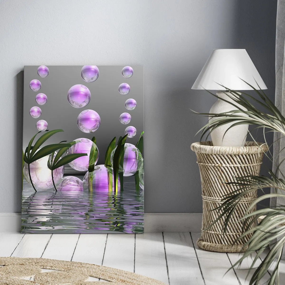 Impression sur toile - Image sur toile - Feuilles vertes et bulles roses au-dessus de l'eau sur fond gris - 70x100cm - Une composition réfléchissante de légèreté et de vie - Décoration murale moderne pour le salon et la chambre ARTTOR