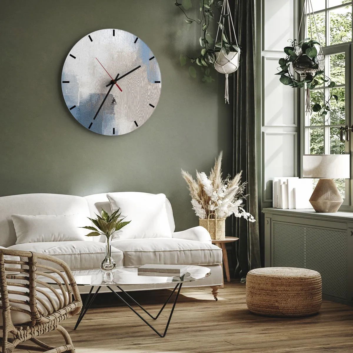Horloge murale - Pendule murale - Abstraction moderne en beige, bleu et gris - 30x30cm - Abstraction rose derrière un rideau de bleu - Décoration murale moderne pour le salon, la cuisine et la chambre ARTTOR