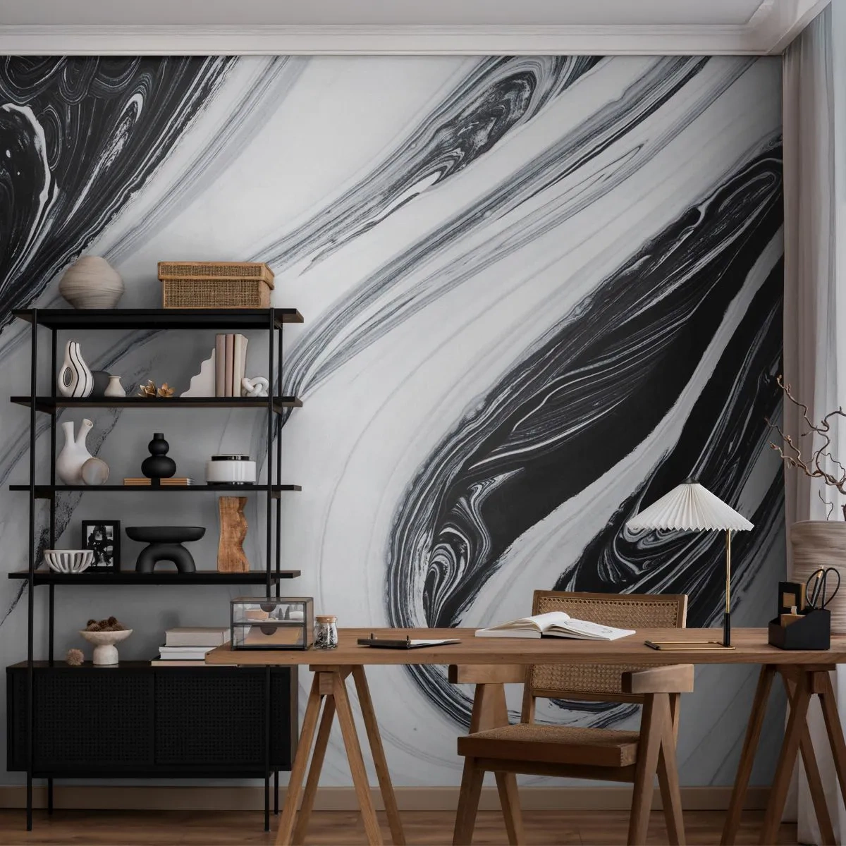 Papier Peint Photo Premium Sand - Tourbillons dynamiques en noir et blanc dans un style abstrait - 100x70cm - Une combinaison d'opposés - Décoration murale moderne pour le salon et la chambre ARTTOR