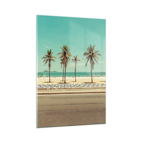Impression sur verre - Image sur verre - Palmiers sur la plage surplombant la mer et le ciel bleu - 80x120cm - Gardien de plage - Décoration murale moderne pour le salon et la chambre ARTTOR