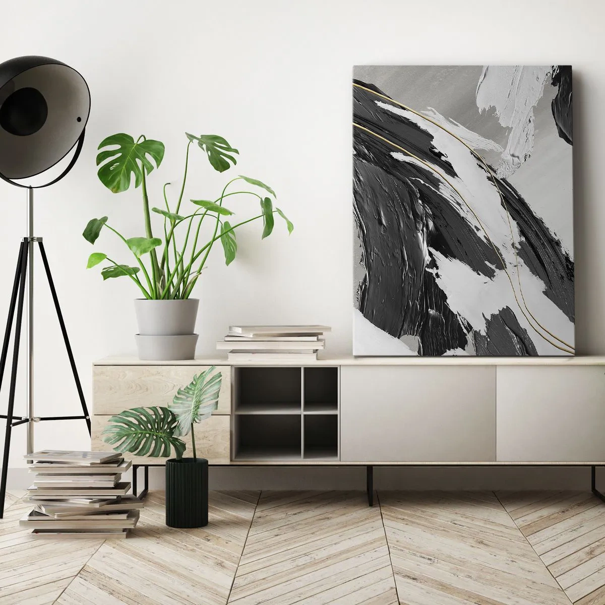Impression sur toile - Image sur toile - Coups de pinceau noirs et blancs avec une subtile touche dorée - 50x70cm - L'abstraction à grande échelle - Décoration murale moderne pour le salon et la chambre ARTTOR