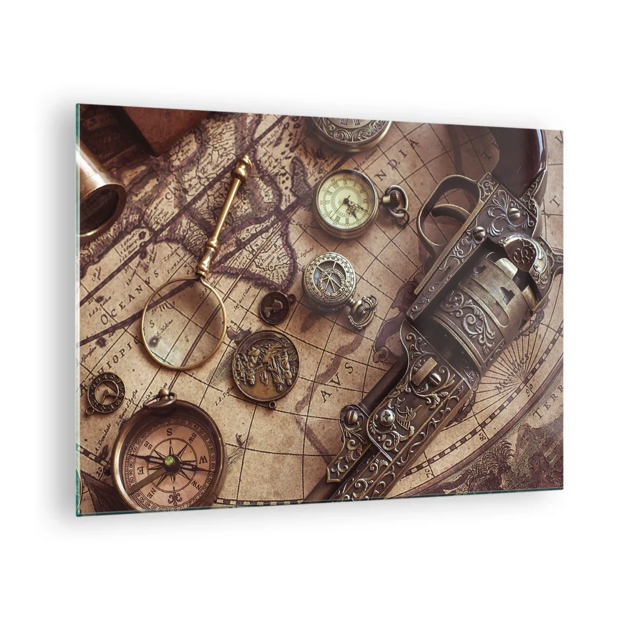 Impression sur verre - Image sur verre - Des objets anciens et une carte - 70x50cm - L'aventure appelle - Décoration murale moderne pour le salon et la chambre ARTTOR