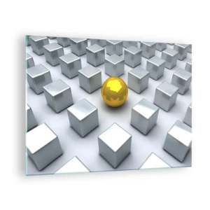 Impression sur verre - Image sur verre - Une sphère dorée entourée de cubes d'argent - 70x50cm - Pourquoi moi? Composition géométrique - Décoration murale moderne pour le salon et la chambre ARTTOR