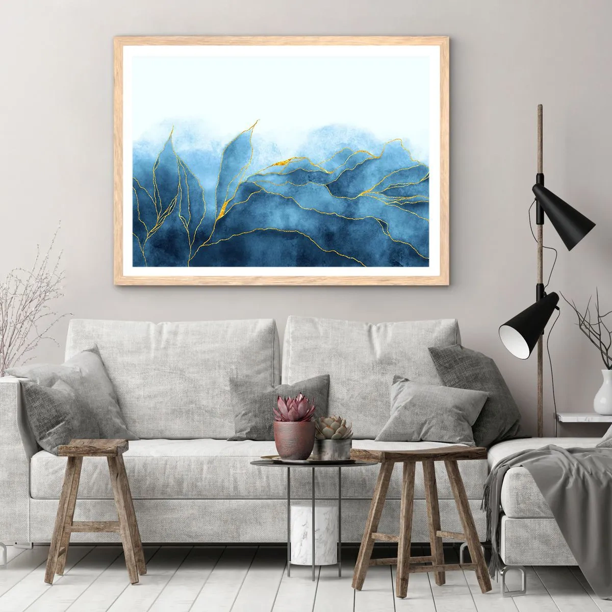 Affiche dans un chêne clair - Poster - Bleu doré - 91x61 cm