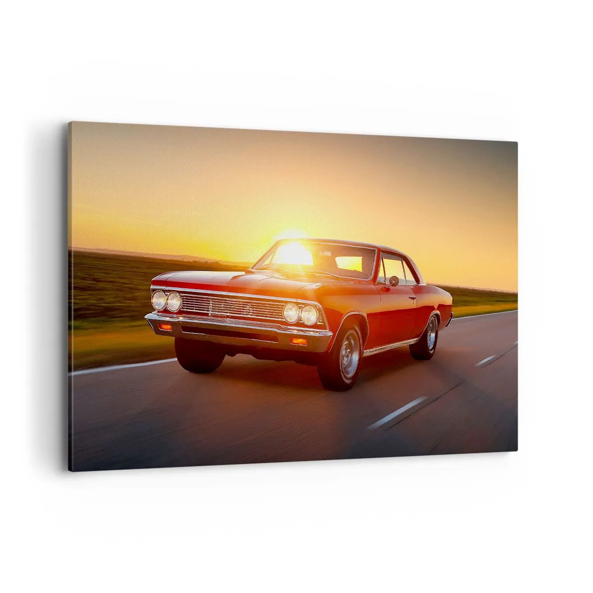 Impression sur toile - Image sur toile - Une voiture rouge au soleil couchant sur une route ouverte - 120x80cm - Le désir est de couleur rouge - Décoration murale moderne pour le salon et la chambre ARTTOR