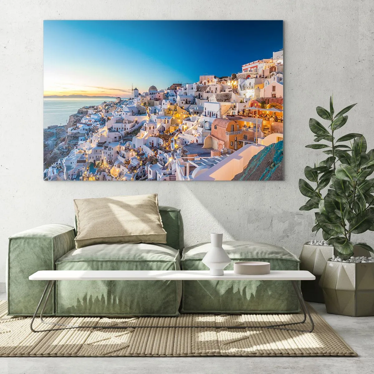 Impression sur verre - Image sur verre - Panorama de Santorin au coucher du soleil - 70x50cm - L'essence de la grecque - Décoration murale moderne pour le salon et la chambre ARTTOR