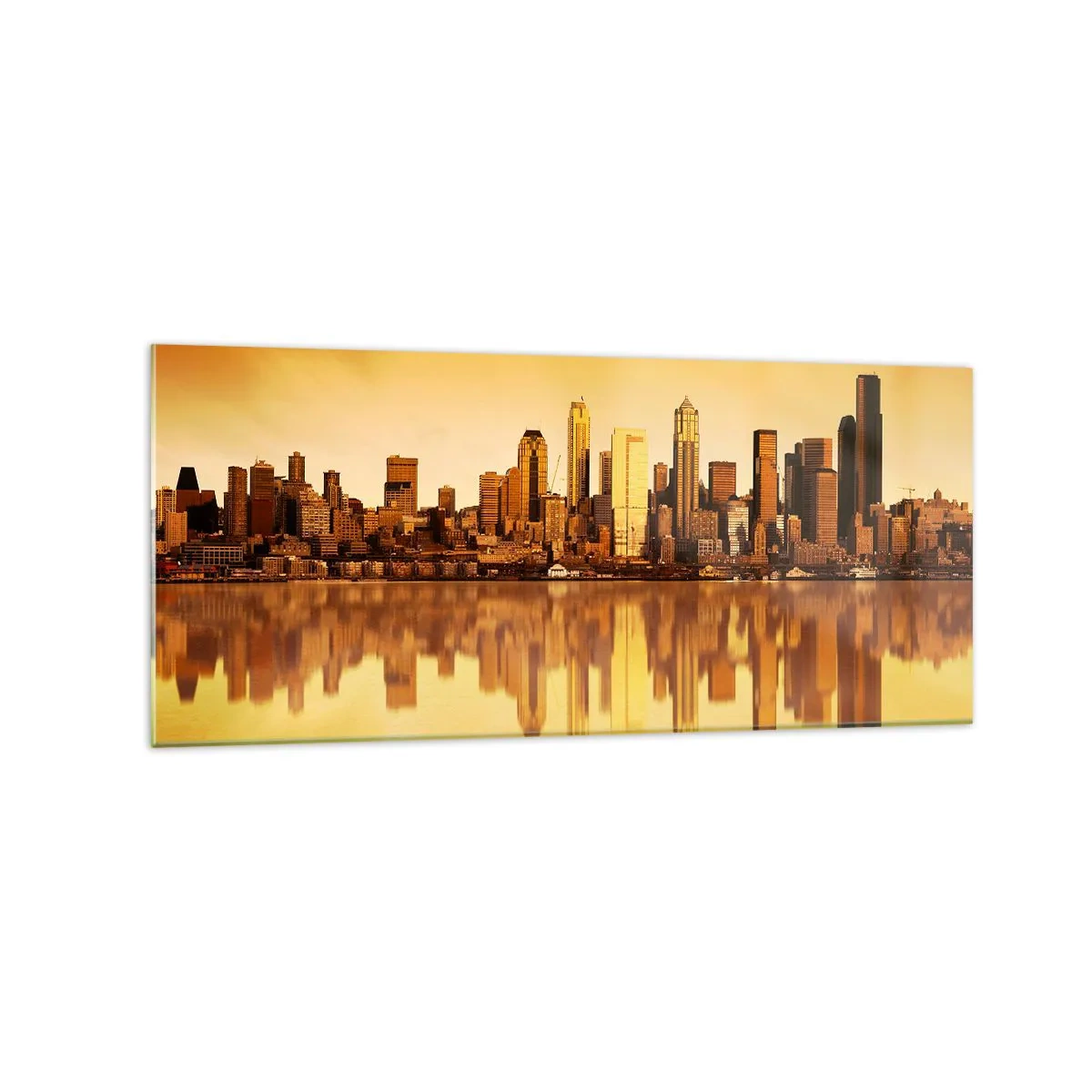 Impression sur verre - Image sur verre - Panorama de la ville reflété dans l'eau au coucher du soleil - 120x50cm - Le silence de la métropole - Décoration murale moderne pour le salon et la chambre ARTTOR