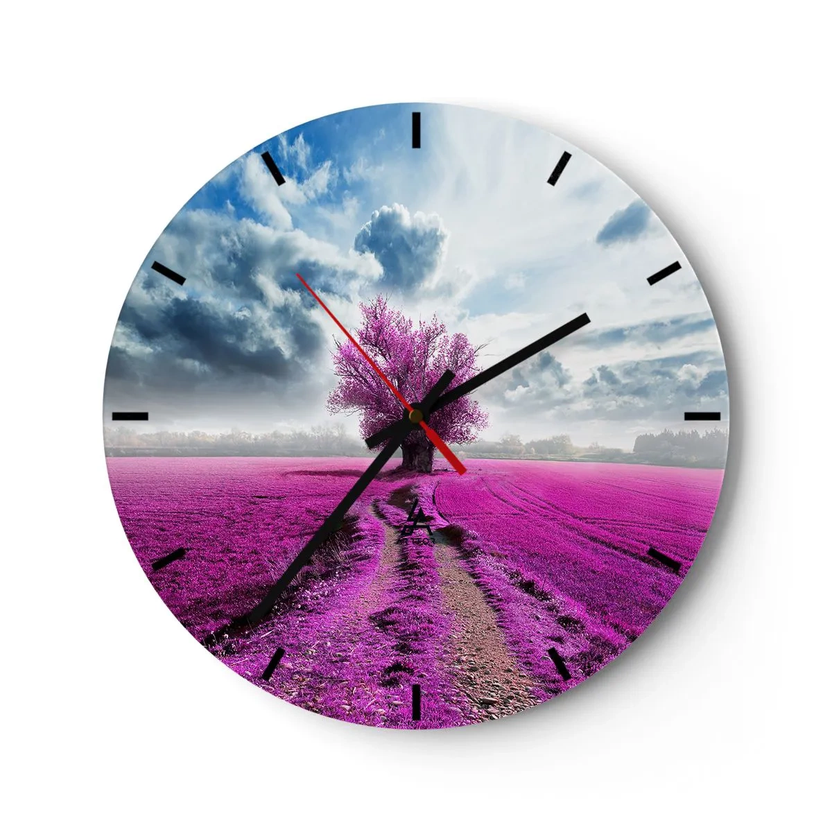 Horloge murale - Pendule murale - Un champ violet avec un arbre solitaire sur fond de nuages - 30x30cm - Lande - nature sauvage - Décoration murale moderne pour le salon, la cuisine et la chambre ARTTOR