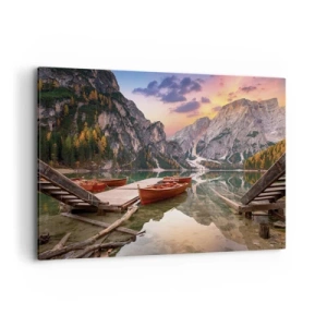 Impression sur toile - Image sur toile - Lac de montagne avec bateaux au coucher du soleil - 100x70cm - Promesse du jour - Décoration murale moderne pour le salon et la chambre ARTTOR