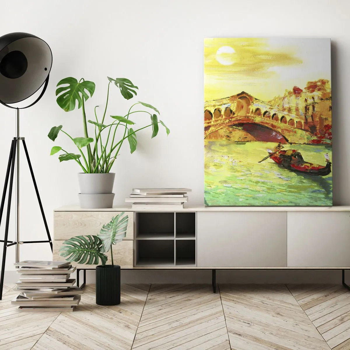 Impression sur toile - Image sur toile - Un pont pittoresque sur le canal avec une gondole à la lumière du soleil couchant - 80x120cm - Un pèlerinage d'amoureux - Décoration murale moderne pour le salon et la chambre ARTTOR