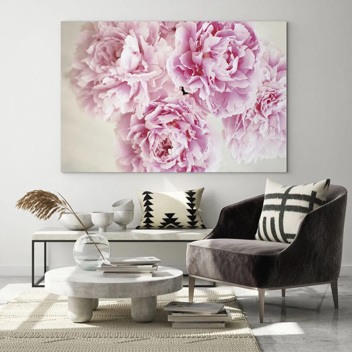 Impression sur verre - Image sur verre - Un bouquet de pivoines roses pleines sur un fond clair - 120x80cm - En glamour rose - Décoration murale moderne pour le salon et la chambre ARTTOR