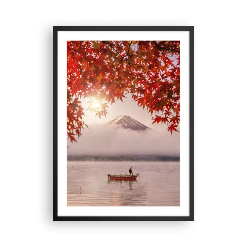 Affiche dans un cadre noir - Poster - Mont Fuji avec un bateau sur un lac et des feuilles d'automne - 50x70cm - Dans le climat japonais - Décoration murale moderne pour le salon et la chambre ARTTOR