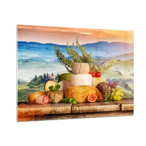 Impression sur verre - Image sur verre - Une composition de fromages et de fruits sur fond de paysage toscan - 100x70cm - La joie de vivre à l'italienne - Décoration murale moderne pour le salon et la chambre ARTTOR