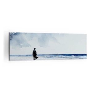 Impression sur toile - Image sur toile - Une silhouette sur une plage dans un environnement marin calme - 160x50cm - Conversation avec la mer - Décoration murale moderne pour le salon et la chambre ARTTOR
