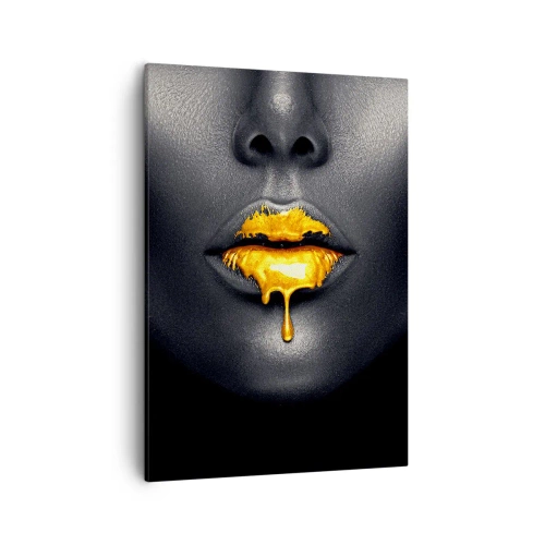 Impression sur toile - Image sur toile - Portrait noir et or d'une femme avec une goutte d'or sur les lèvres - 50x70cm - Bouche d'or - Décoration murale moderne pour le salon et la chambre ARTTOR