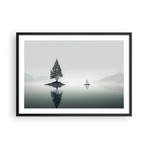 Affiche dans un cadre noir - Poster - Un paysage minimaliste avec un arbre sur une île et un voilier. - 70x50cm - Un rêve somnolent - Décoration murale moderne pour le salon et la chambre ARTTOR