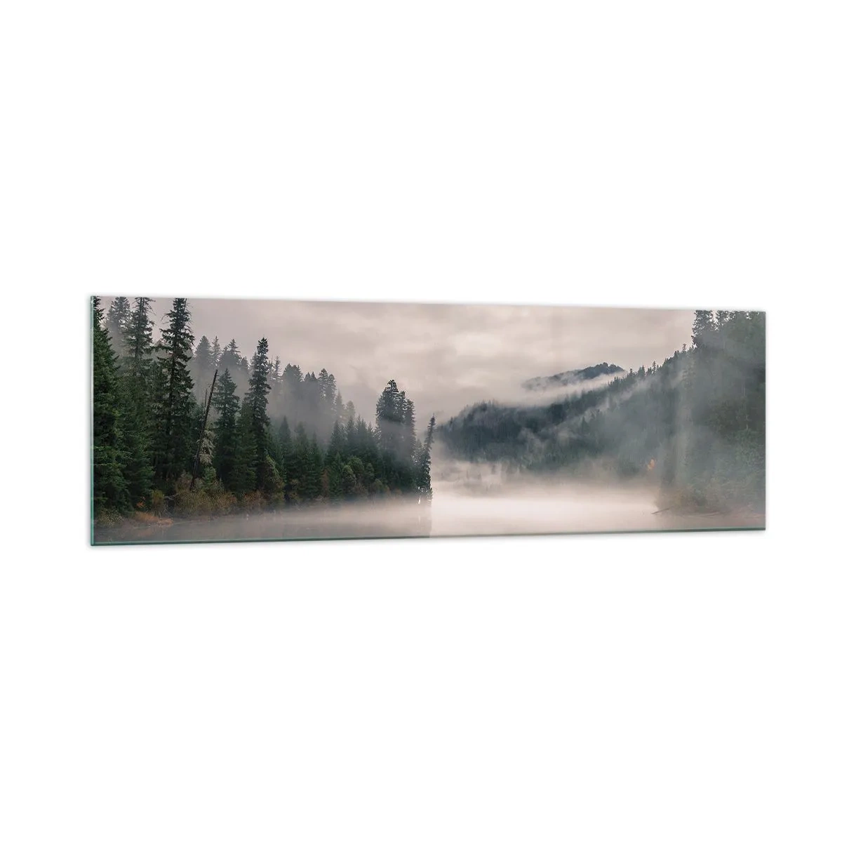 Impression sur verre - Image sur verre - Une forêt brumeuse se reflétant dans un lac calme - 160x50cm - Reflet dans le brouillard - Décoration murale moderne pour le salon et la chambre ARTTOR