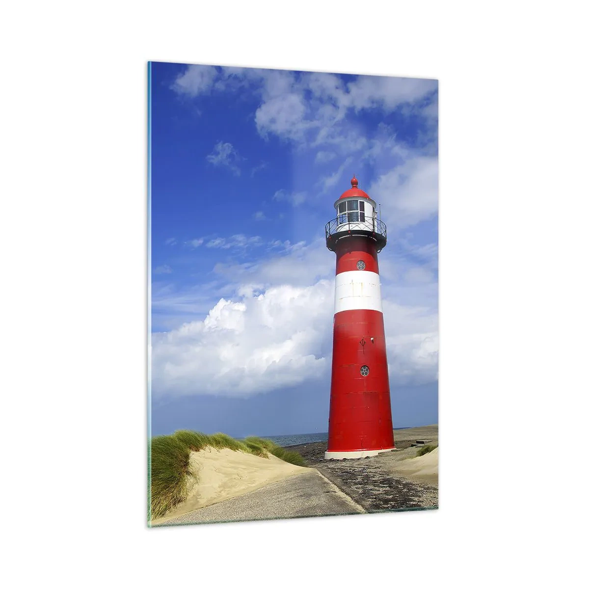 Impression sur verre - Image sur verre - Un phare rouge contre un ciel bleu - 50x70cm - Rêve de solitude - Décoration murale moderne pour le salon et la chambre ARTTOR