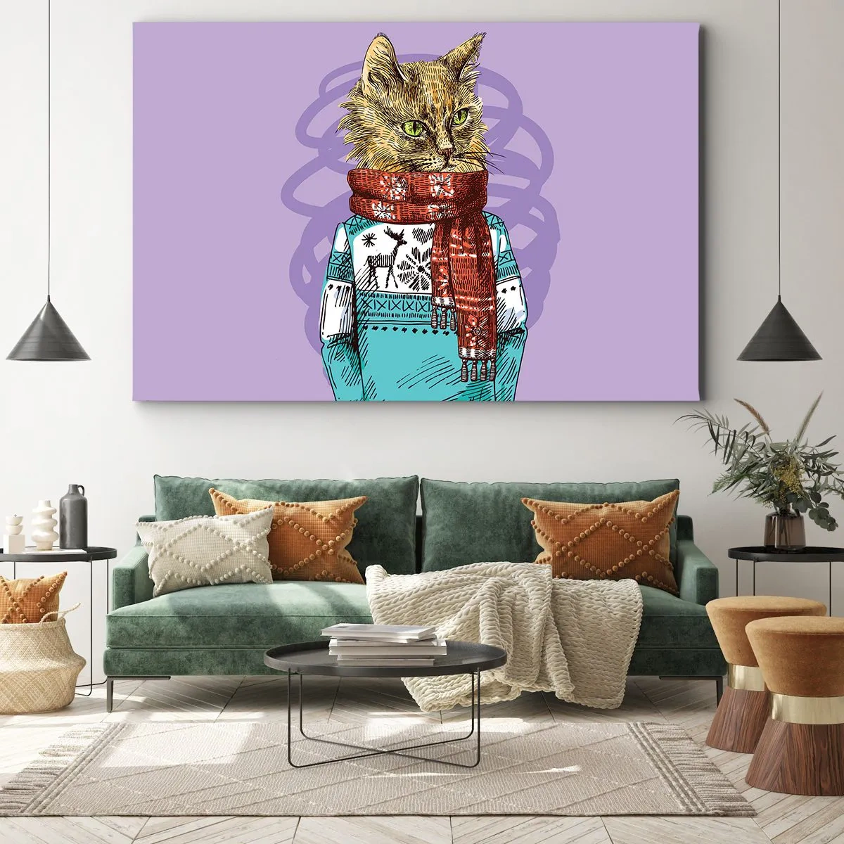 Impression sur toile - Image sur toile - Un chat en pull et écharpe sur fond violet - 70x50cm - Le chat, pas uniquement dans les chaussures - Décoration murale moderne pour le salon et la chambre ARTTOR