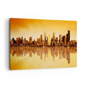 Impression sur toile - Image sur toile - Panorama de la ville reflété dans l'eau au coucher du soleil - 100x70cm - Le silence de la métropole - Décoration murale moderne pour le salon et la chambre ARTTOR