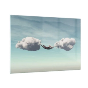 Impression sur verre - Image sur verre - Hamacs nuageux dans un ciel bleu - 100x70cm - Instant de bonheur - Décoration murale moderne pour le salon et la chambre ARTTOR