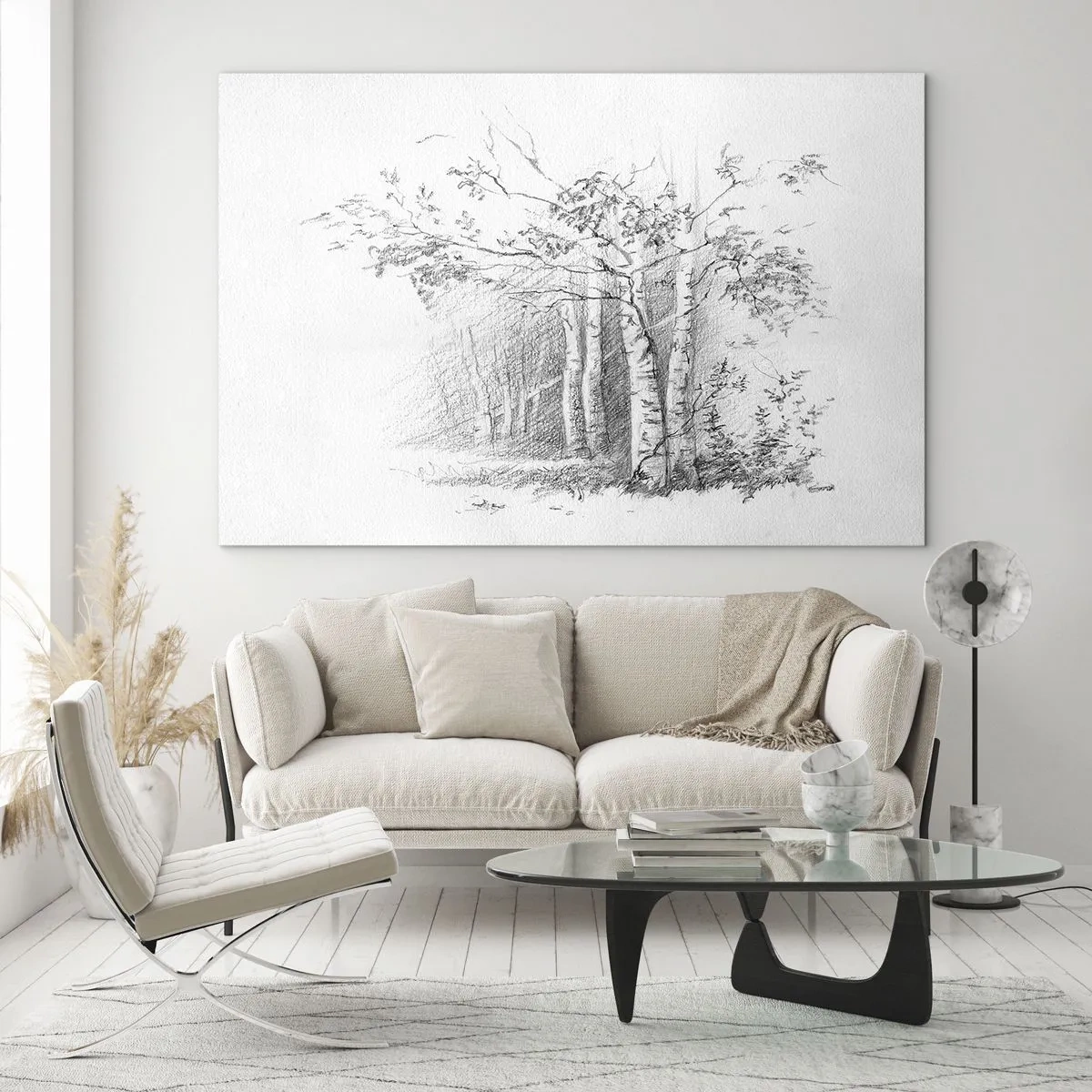 Impression sur verre - Image sur verre - Croquis d'une forêt de bouleaux aux tons monochromes - 70x50cm - Lumière d'une forêt de bouleaux - Décoration murale moderne pour le salon et la chambre ARTTOR