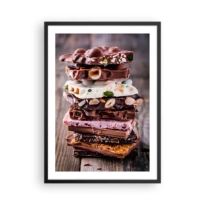 Affiche dans un cadre noir - Poster - Une pile de barres de chocolat avec des noix et des fruits - 50x70cm - Une perspective réjouissante - Décoration murale moderne pour le salon et la chambre ARTTOR