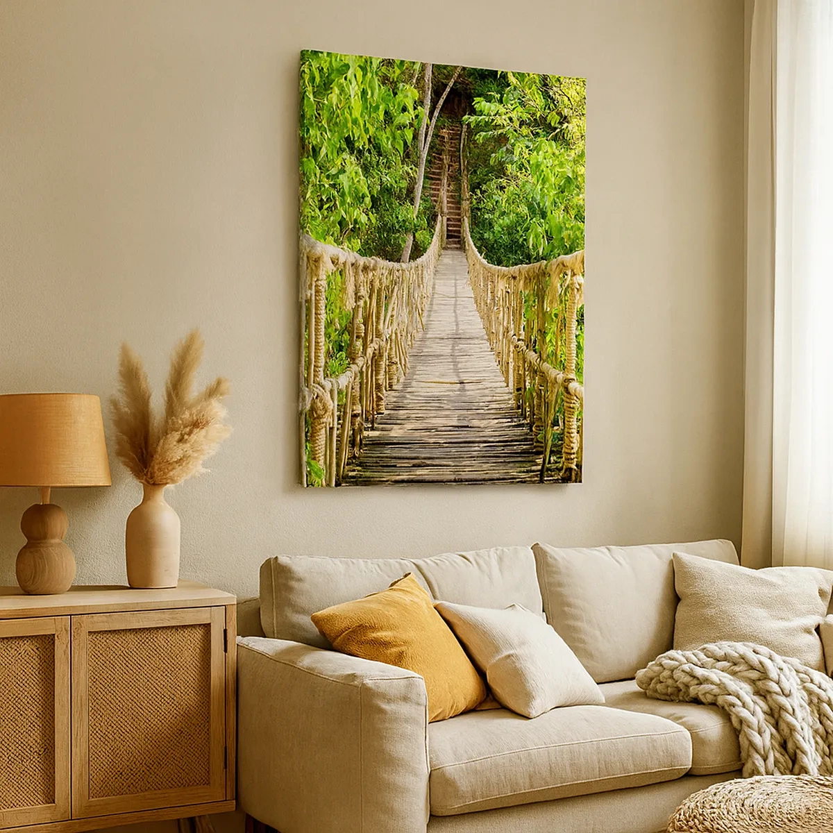 Impression sur toile - Image sur toile - Un pont suspendu dans une forêt tropicale pleine de verdure - 50x70cm - Suspendu dans la nature - Décoration murale moderne pour le salon et la chambre ARTTOR