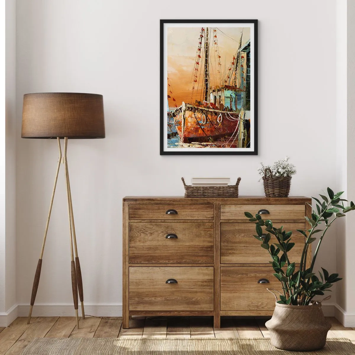 Affiche dans un cadre noir - Poster - Un voilier sur fond de soleil couchant - 50x70cm - Retour tranquille - Décoration murale moderne pour le salon et la chambre ARTTOR