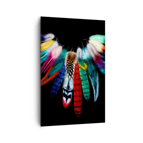 Impression sur toile - Image sur toile - Plumes colorées sur fond noir dans une composition artistique - 80x120cm - Collier indien - Décoration murale moderne pour le salon et la chambre ARTTOR