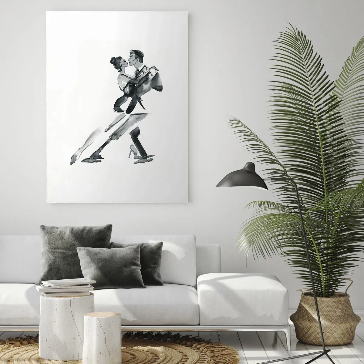 Impression sur verre - Image sur verre - Une illustration subtile d'un couple dansant dans un style monochrome. - 80x120cm - En un battement - Décoration murale moderne pour le salon et la chambre ARTTOR