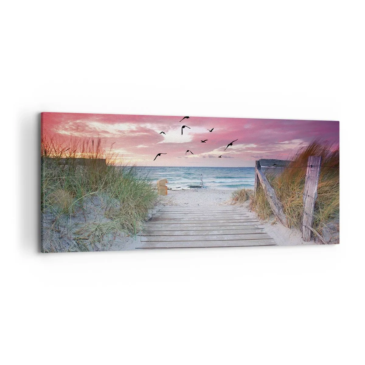Impression sur toile - Image sur toile - Chemin en bois sur la plage au coucher du soleil rose - 120x50cm - Impression de la Baltique - Décoration murale moderne pour le salon et la chambre ARTTOR