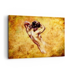 Impression sur toile - Image sur toile - Nu féminin artistique sur fond doré dans un style classique - 100x70cm - Découverte, mais toujours mystèrieuse - Décoration murale moderne pour le salon et la chambre ARTTOR