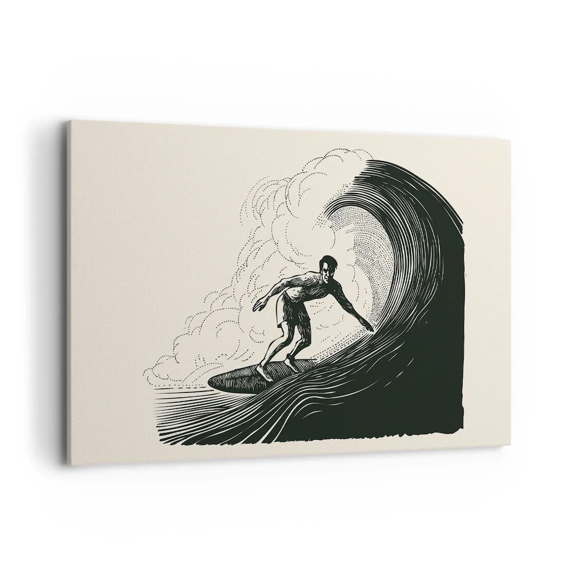 Impression sur toile - Image sur toile - Graphique en noir et blanc d'un surfeur sur une vague - 120x80cm - Le roi de la vague - Décoration murale moderne pour le salon et la chambre ARTTOR