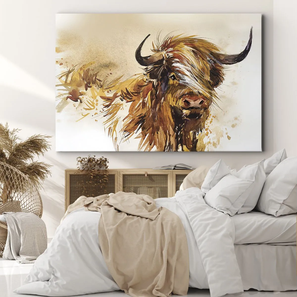 Impression sur toile - Image sur toile - Portrait d'un taureau dans un style aquarelle artistique - 70x50cm - Fierté du chasseur - Décoration murale moderne pour le salon et la chambre ARTTOR