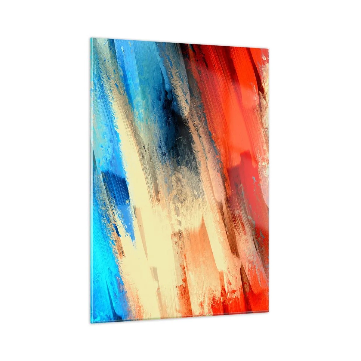 Impression sur verre - Image sur verre - Coups de pinceau abstraits dans des tons de bleu, de rouge et de beige - 50x70cm - Une cascade de couleurs - Décoration murale moderne pour le salon et la chambre ARTTOR