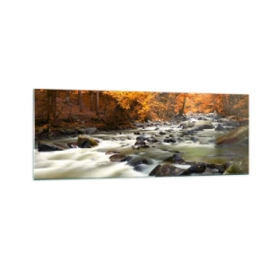 Impression sur verre - Image sur verre - Un ruisseau dans une forêt d'automne entouré de feuilles dorées - 140x50cm - Un ruisseau dans une forêt dorée - Décoration murale moderne pour le salon et la chambre ARTTOR